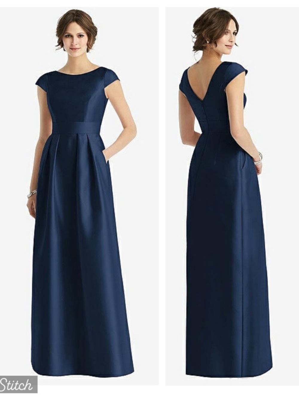 ALFRED SUNG Navy Satin Cap-Sleeve Maxi Dress